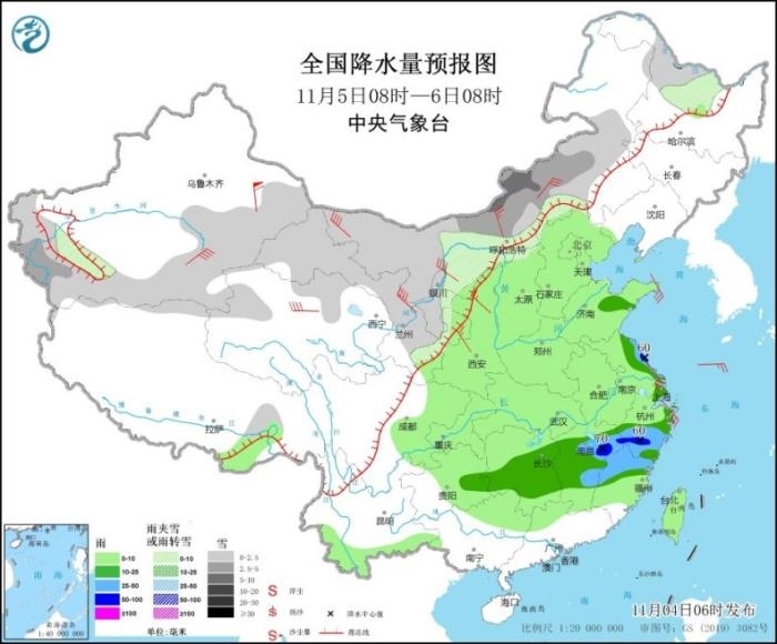 图5 全国降水量预报图(11月5日08时-6日08时)