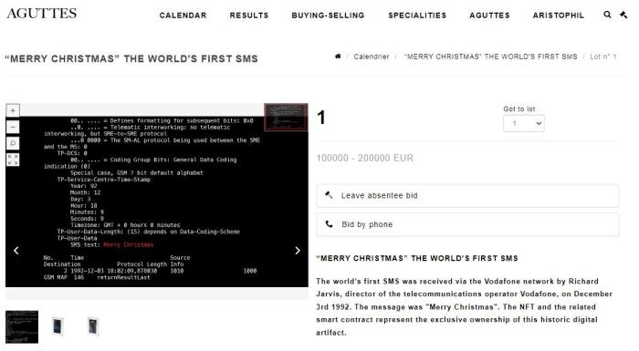 法国阿古特拍卖行网站上，世界第一条短信的拍卖信息。图片来源：阿古特拍卖行网站截图