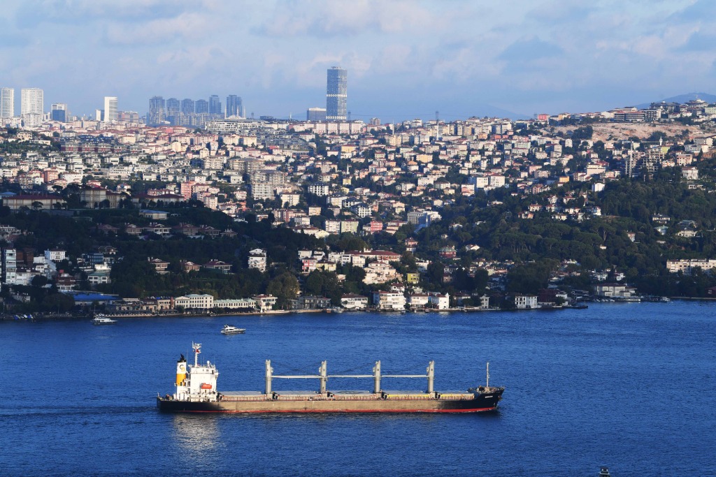 2022年8月7日，一艘从乌克兰出发的运粮船驶过土耳其伊斯坦布尔博斯普鲁斯海峡。新华社记者沙达提摄