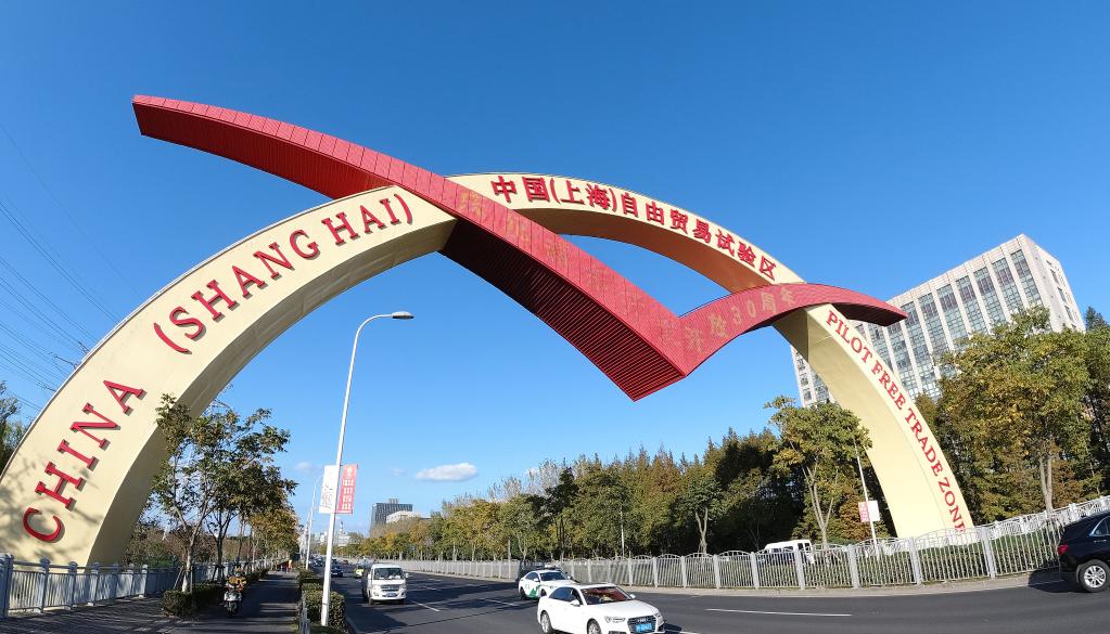 这是2020年11月11日拍摄的中国（上海）自由贸易试验区标志门。新华社记者 方喆 摄