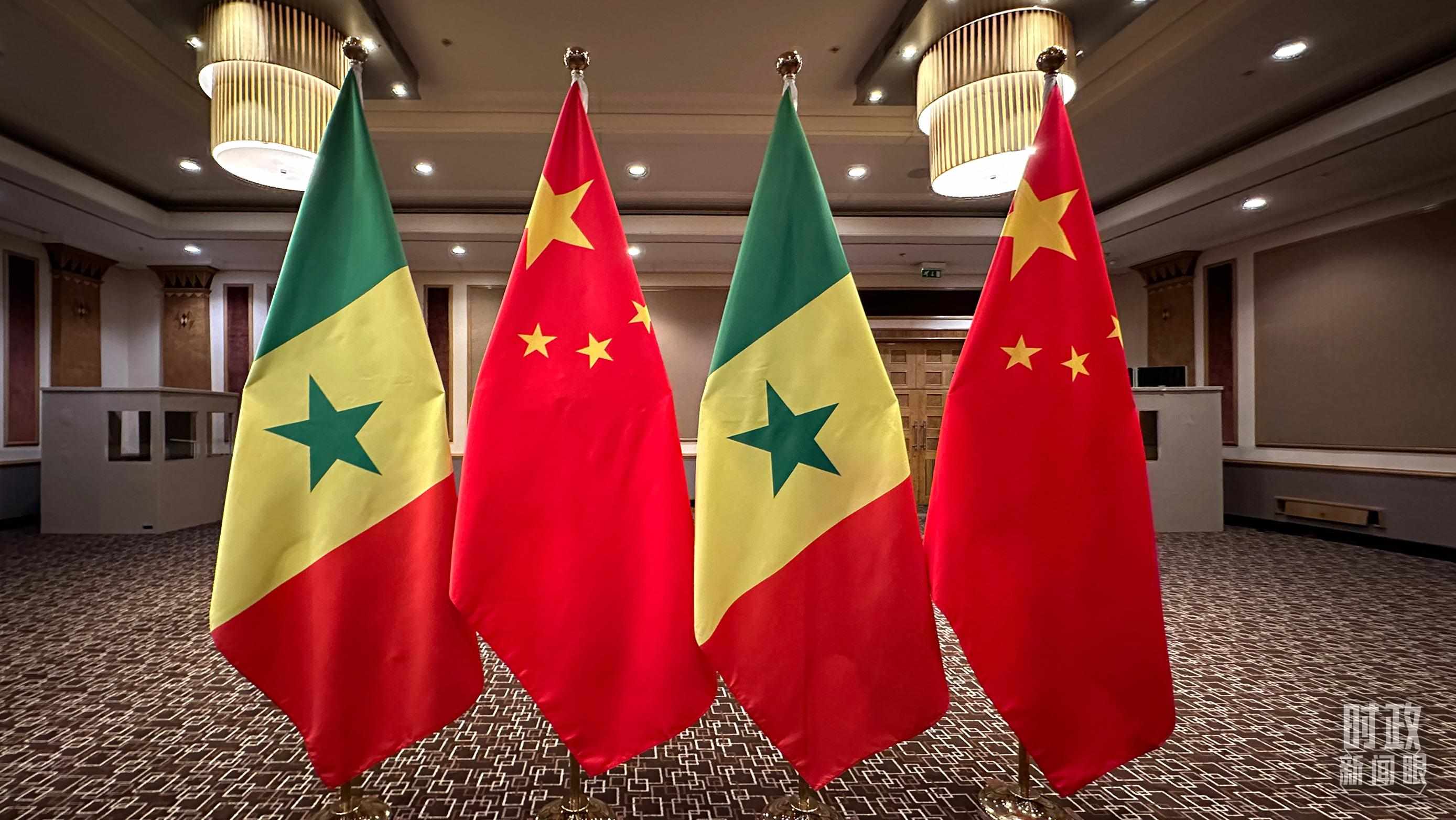 △会见现场的中塞两国国旗。（总台央视记者卢心雨拍摄）