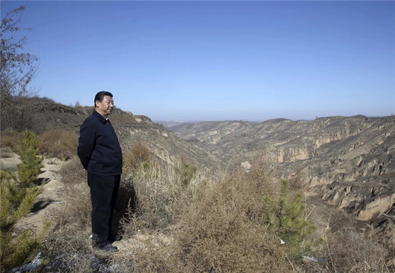 2015年2月13日，习近平回到陕西省延安市延川县文安驿镇梁家河村看望父老乡亲。在一段山路上，他停了下来，举目凝望。