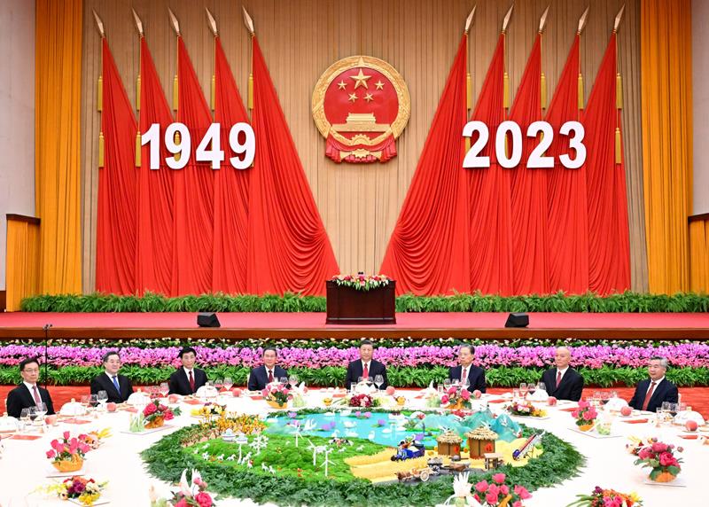 △2023年9月28日，庆祝中华人民共和国成立74周年招待会在北京人民大会堂举行。