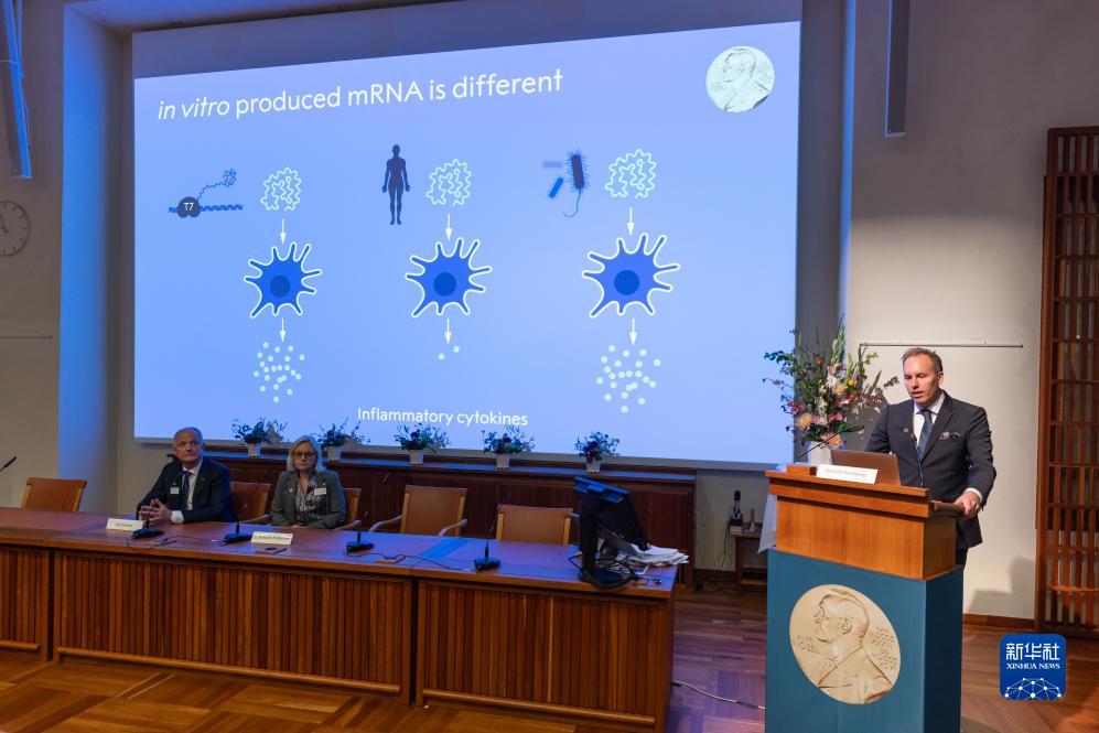 这是10月2日在瑞典斯德哥尔摩拍摄的2023年诺贝尔生理学或医学奖公布现场。新华社发（魏学超摄）
