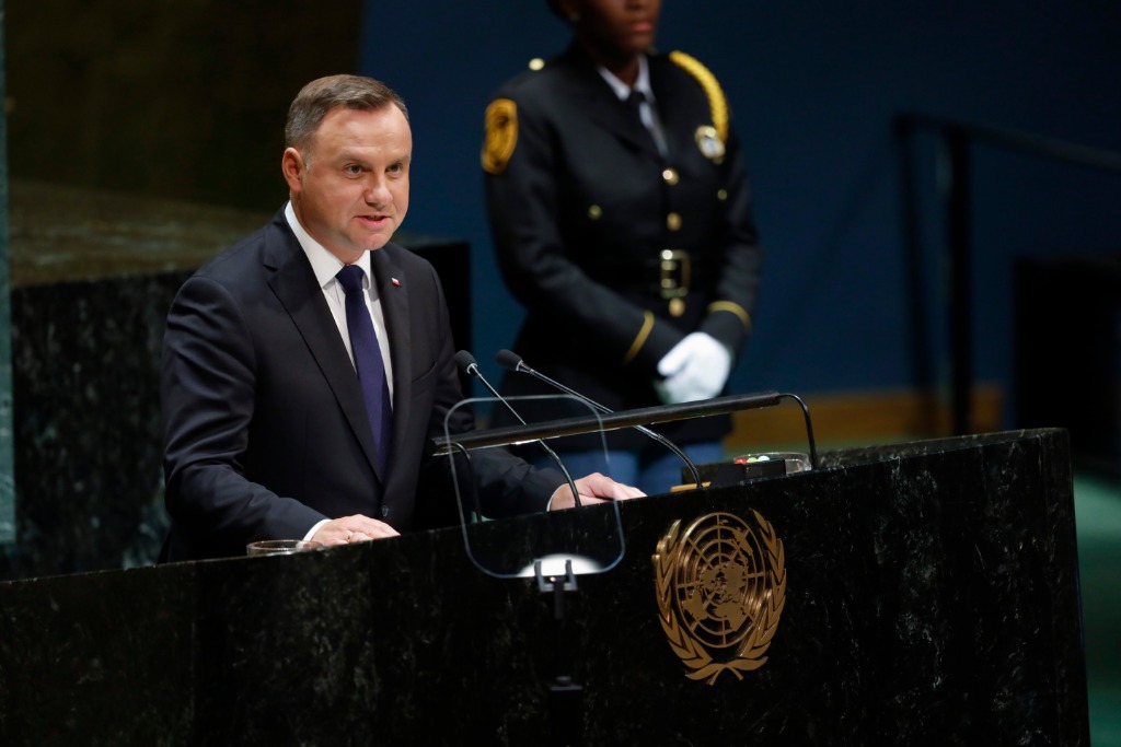2019年9月24日，在位于纽约的联合国总部，波兰总统杜达在第74届联合国大会一般性辩论上发言。新华社记者李木子摄