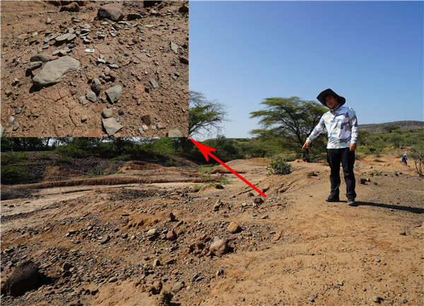 制作勒瓦娄哇石核产生的大量石片。中肯联合考古队供图