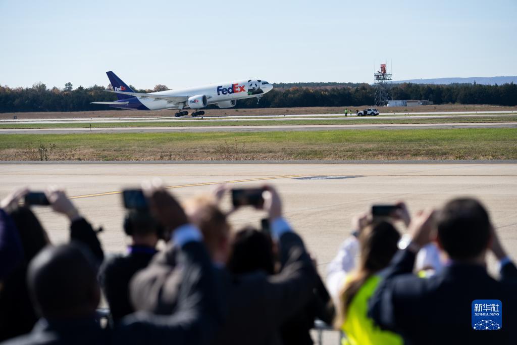 11月8日，运送大熊猫的专机从美国弗吉尼亚州的华盛顿杜勒斯国际机场起飞。新华社记者刘杰摄