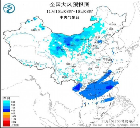  全国大风预报图(11月15日08时-16日08时)