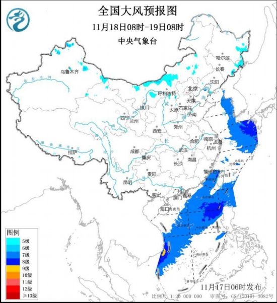 全国大风预报图(11月18日08时-19日08时)