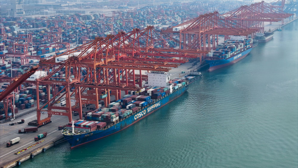 两艘货轮在钦州港集装箱码头下卸集装箱（无人机照片，2023年11月24日摄）。新华社记者 张爱林 摄
