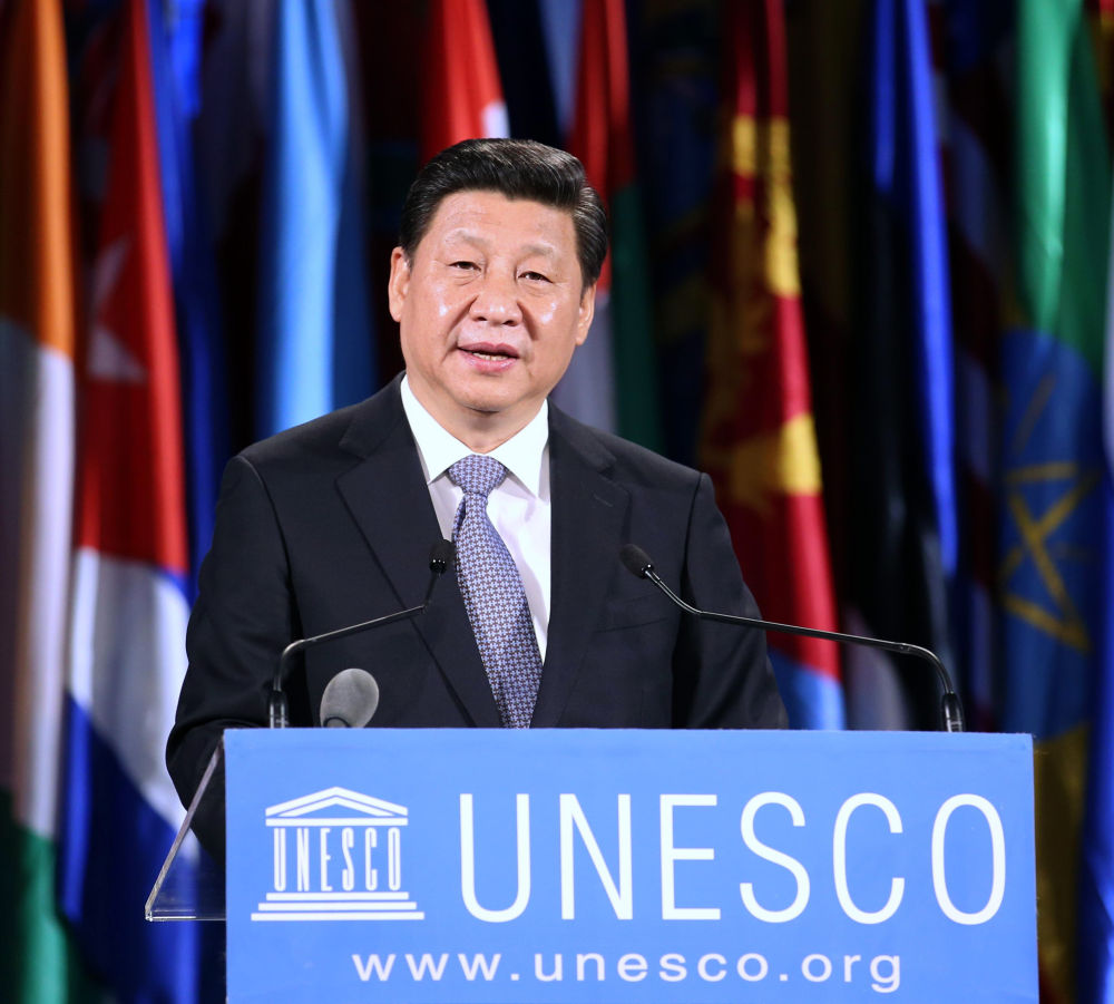 2014年3月27日，习近平在巴黎联合国教科文组织总部发表重要演讲。新华社记者 姚大伟 摄