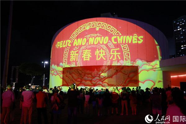 林度夫人公园内剧院的外墙上投影出中国文化元素灯光秀。人民网记者 陈海琪摄