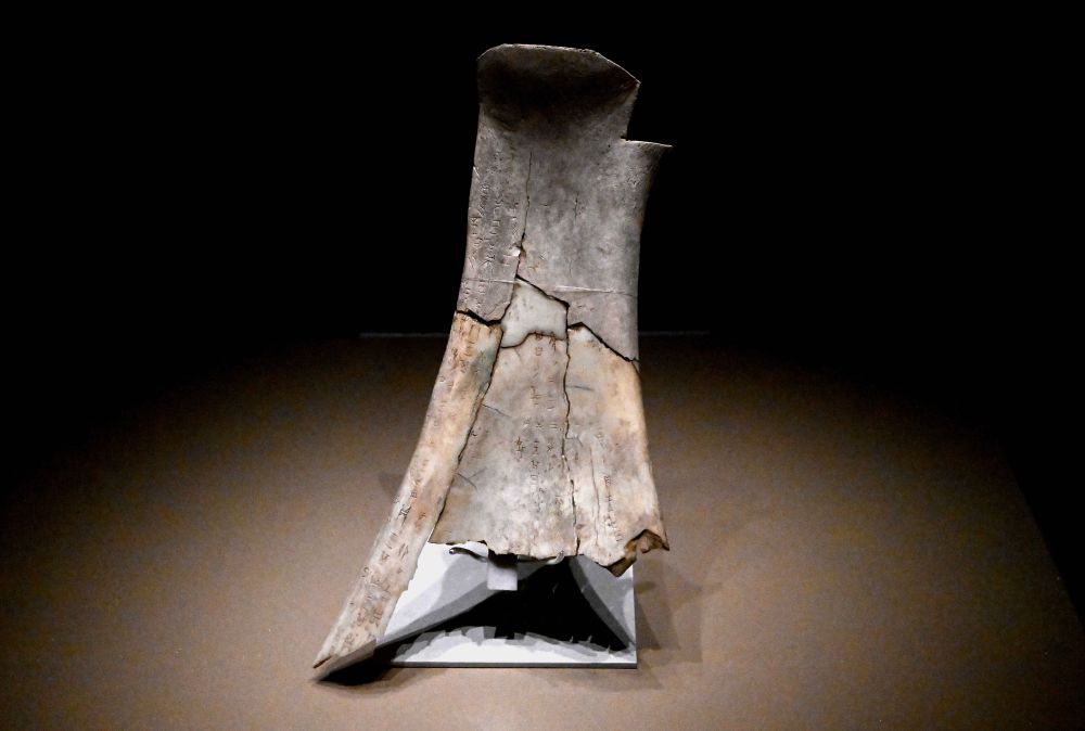 这是在殷墟博物馆新馆内展出的刻辞卜骨（2月23日摄）。殷墟及所出土的甲骨文，使传说中的商朝得到证实，中国有文字记载的历史往前推进了约1000年。