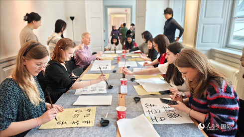 瑞典书法爱好者专心学习书法。人民网记者 殷淼摄