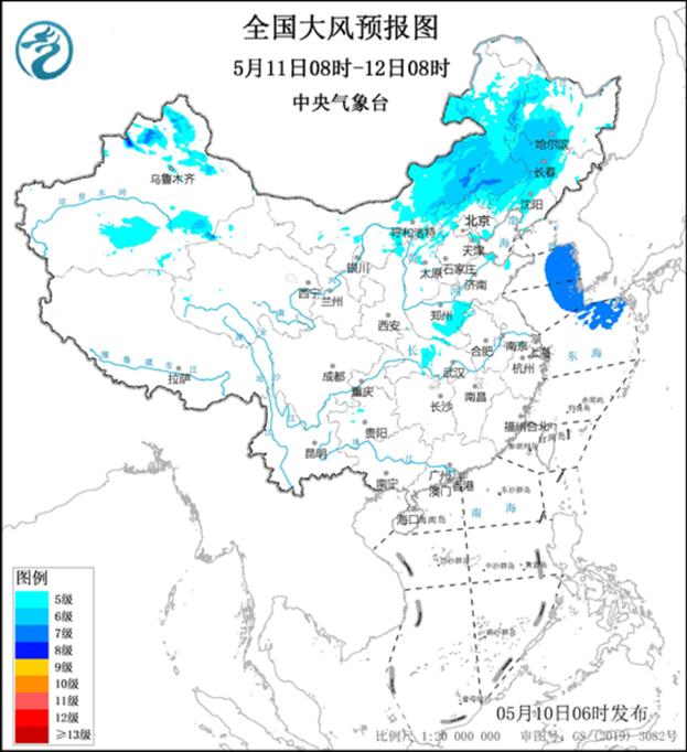 全国大风预报图（5月11日08时-12日08时）