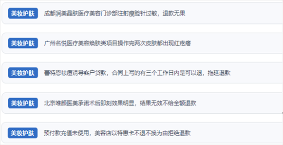 网友涉及医美机构虚假宣传、诱导消费、致伤客户、违约不退费等消费侵权的相关投诉。（“人民投诉”用户投诉截图）