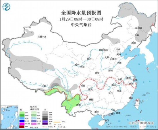 全国降水量预报图(1月29日08时-30日08时) 图片来源：中央气象台网站