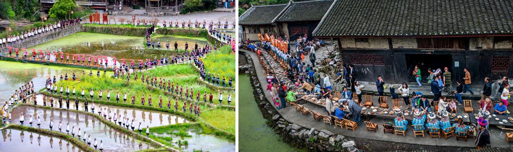 左图：近期，人们在黎平县肇兴侗寨的田园里演唱侗族大歌（黎平县委宣传部供图）；右图：这是2023年拍摄的十八洞村长桌宴（湘西州委宣传部供图）。
