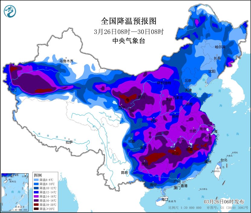 全国降温预报图（3月26日08时-3月30日08时）