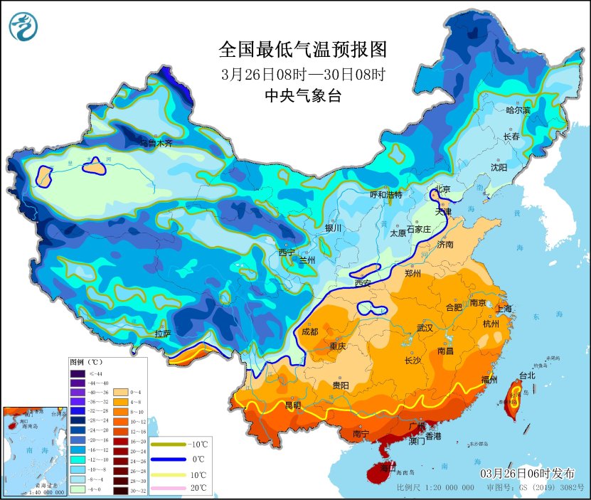全国最低气温预报图（3月26日08时-3月30日08时）
